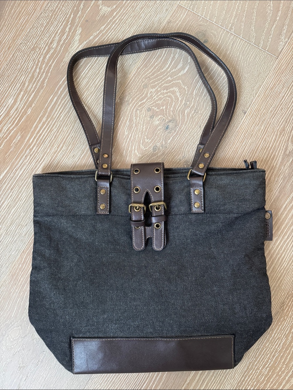 Dark Gray Canvas Shoulder Tote with Brown Trim